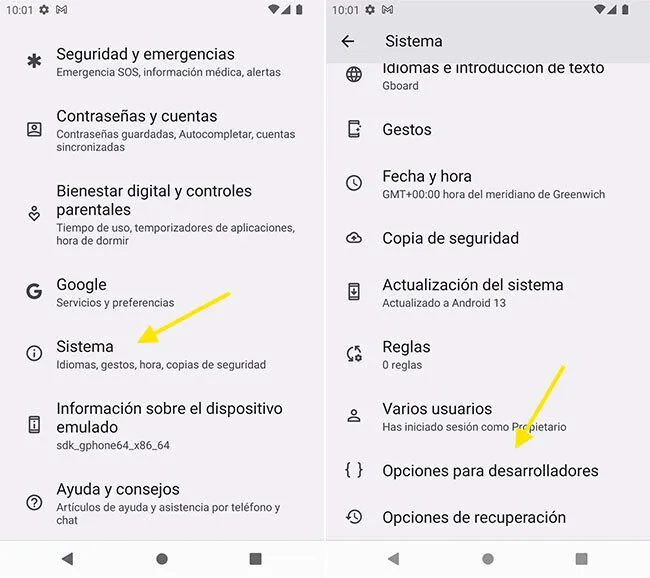 opciones de desarrollador android