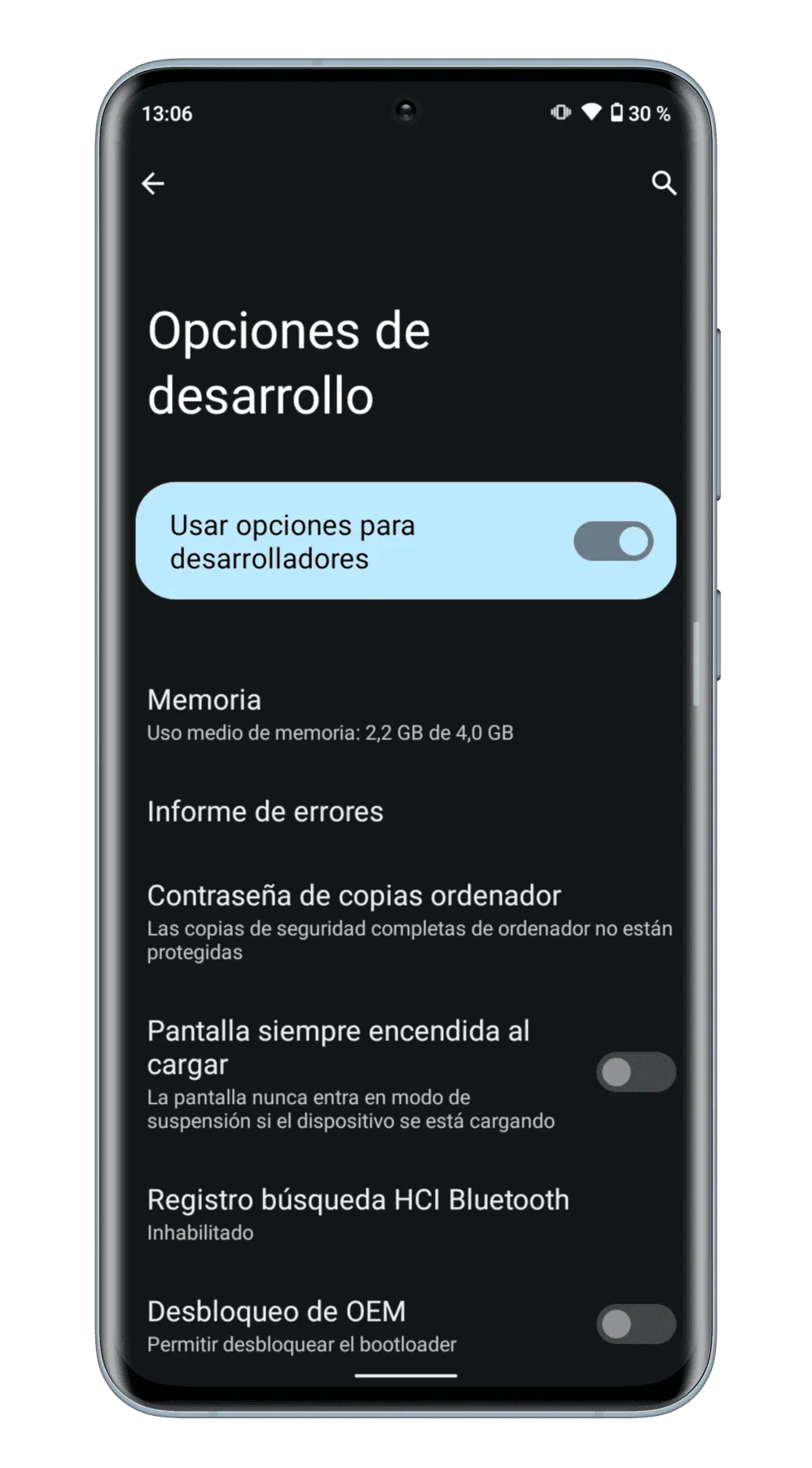 opciones de desarrollador android